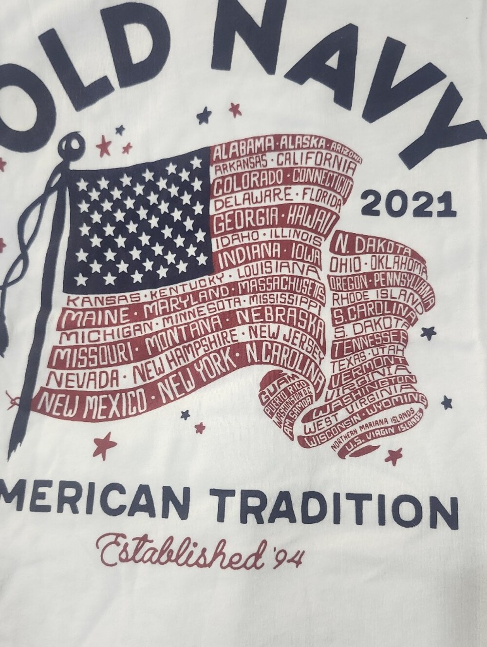 Old Navy White Tee with Red & Navy Flag Graphic